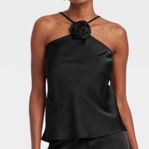 Elegant Black Halter Top with Rose Detail